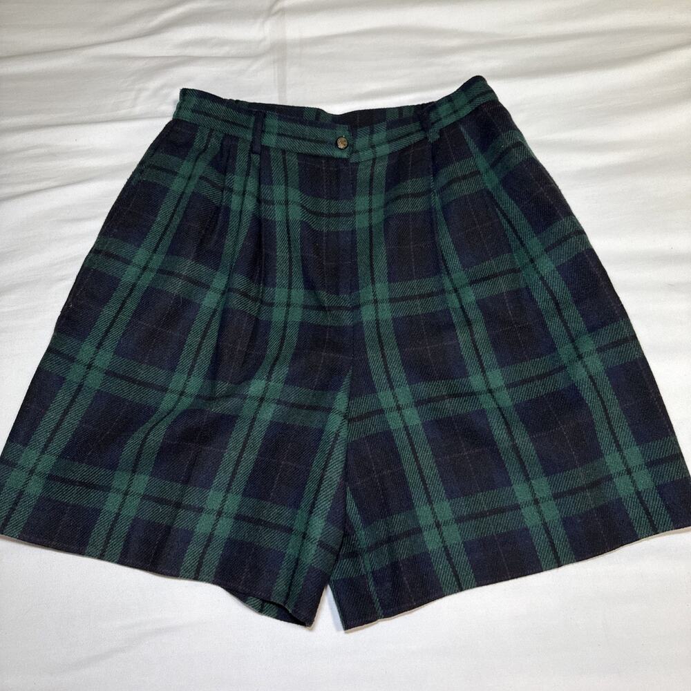 VTG Sag Harbor Pleated High Waist Wool Blend Plaid Shorts Sz 14 Preppy Blue EUC